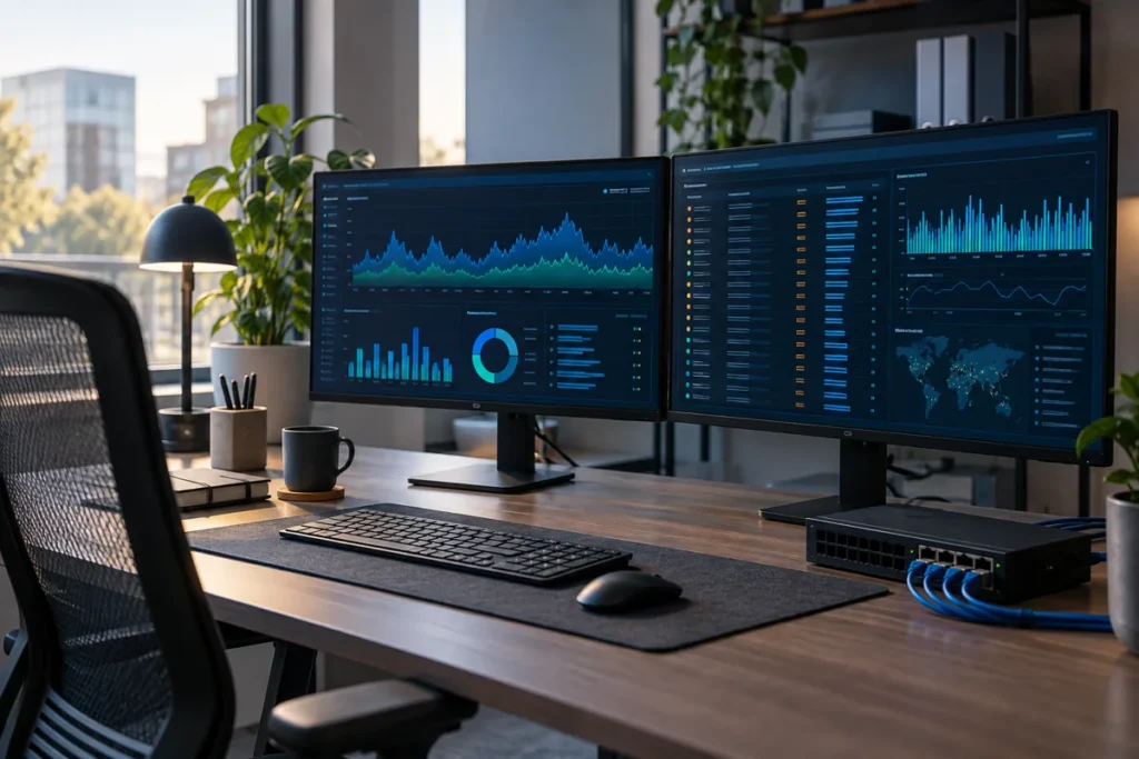 Monitore mit Sicherheitsereignissen und Aktivitätsdiagrammen an einem Monitoring-Arbeitsplatz