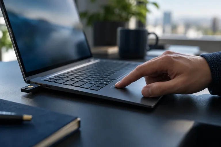 Fingerabdruckprüfung am Laptop mit physischem Sicherheitsschlüssel für die Authentisierung