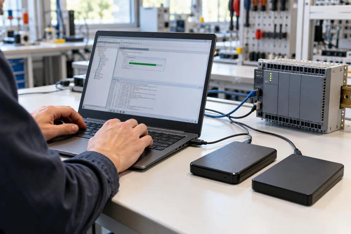 Techniker prüft einen älteren Gerätestand mit geschlossenen Archivspeichern