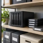 Geschlossene Archivspeicher und geordnete Unterlagen in einer Büroumgebung