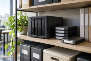 Geschlossene Archivspeicher und geordnete Unterlagen in einer Büroumgebung