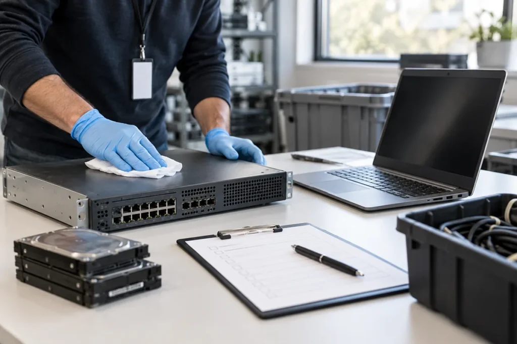 Netzwerkgerät und Speichermedien an einem Arbeitsplatz zur Außerbetriebnahme