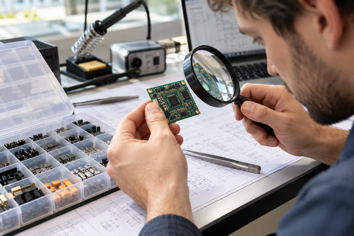 Ingenieur untersucht eine zugekaufte Leiterplatte mit einer Lupe
