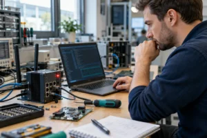 Produktsicherheitsingenieur untersucht ein industrielles Gateway am Prüfplatz