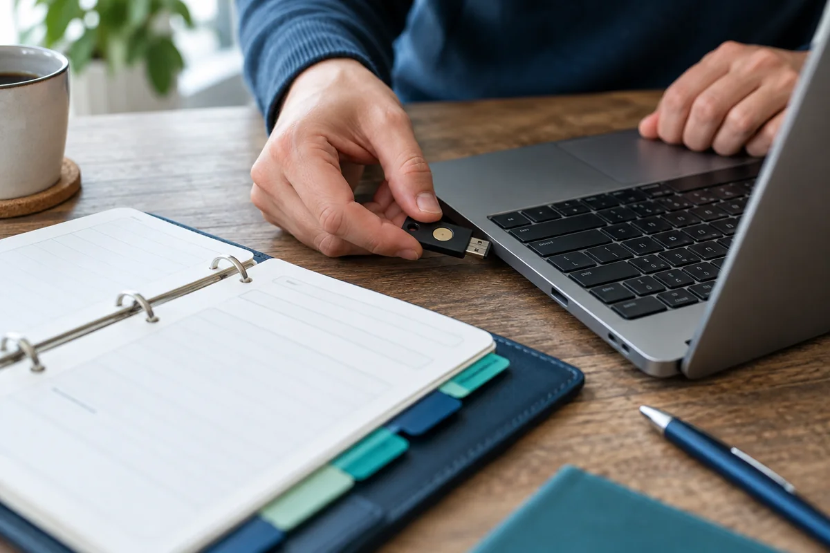 Authentifizierungsschlüssel und strukturierte Meldeunterlagen neben einem Laptop