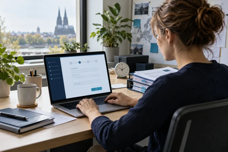 Produktsicherheitsmitarbeiterin bereitet eine digitale Vorfallmeldung am Laptop vor